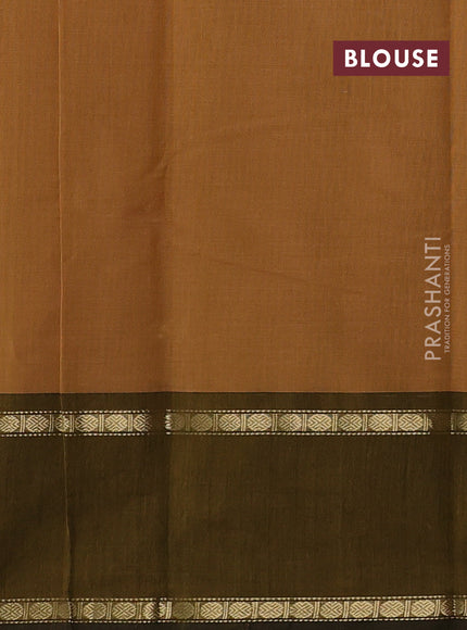 Kanchi cotton saree sandal and dark mustard with allover zari stripe pattern and rettapet zari woven border