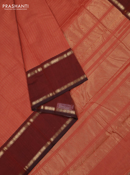 Kanchi cotton saree rust shade and brown with allover zari stripe pattern and rettapet zari woven border