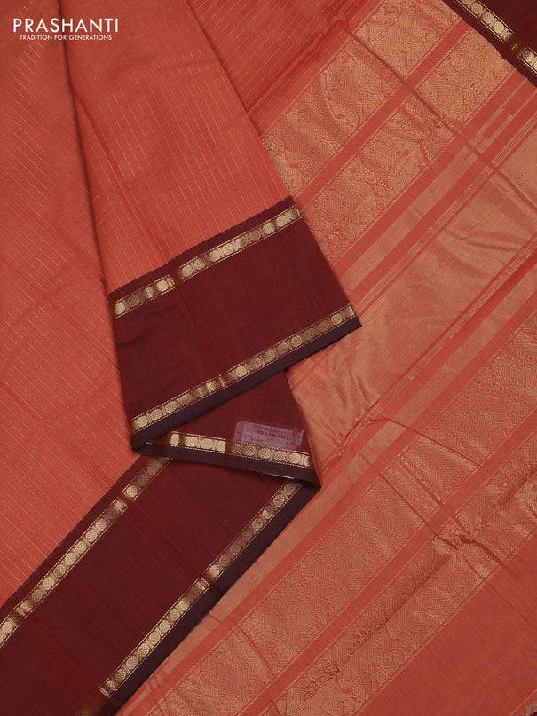 Kanchi cotton saree rust shade and brown with allover zari stripe pattern and rettapet zari woven border