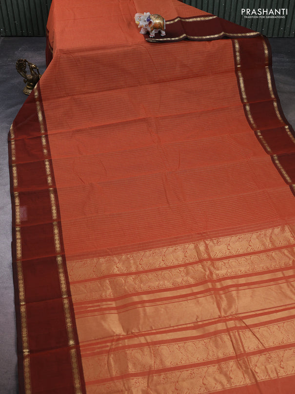 Kanchi cotton saree rust shade and brown with allover zari stripe pattern and rettapet zari woven border
