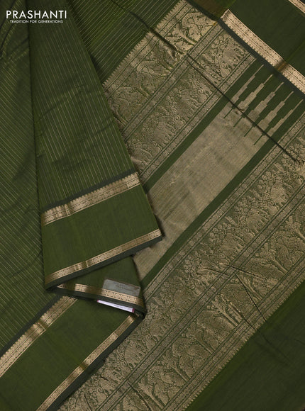 Kanchi cotton saree sap green with allover zari stripe pattern and rettapet zari woven border