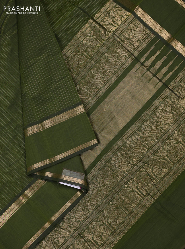 Kanchi cotton saree sap green with allover zari stripe pattern and rettapet zari woven border