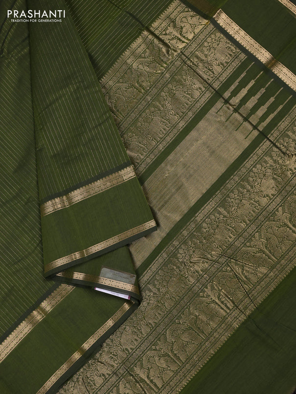 Kanchi cotton saree sap green with allover zari stripe pattern and rettapet zari woven border