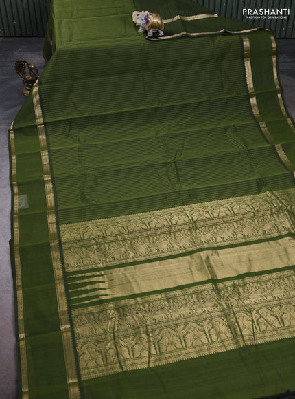 Kanchi cotton saree sap green with allover zari stripe pattern and rettapet zari woven border