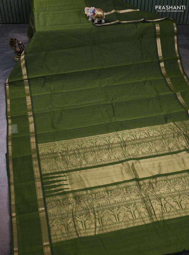 Kanchi cotton saree sap green with allover zari stripe pattern and rettapet zari woven border