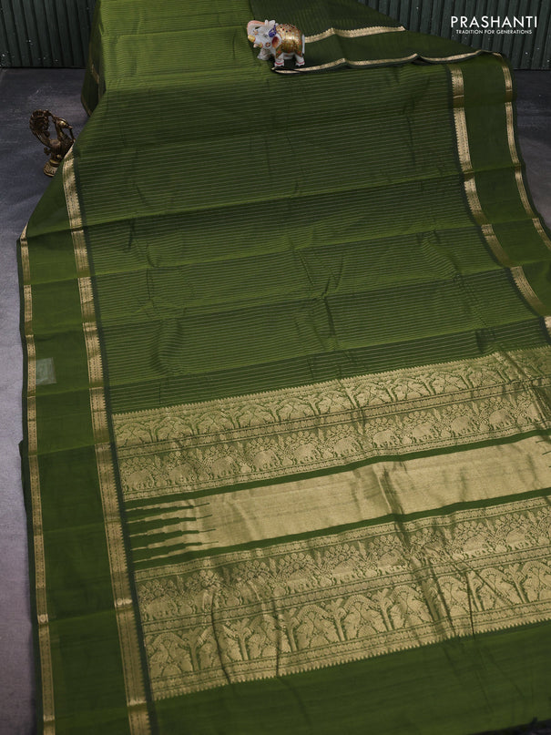 Kanchi cotton saree sap green with allover zari stripe pattern and rettapet zari woven border