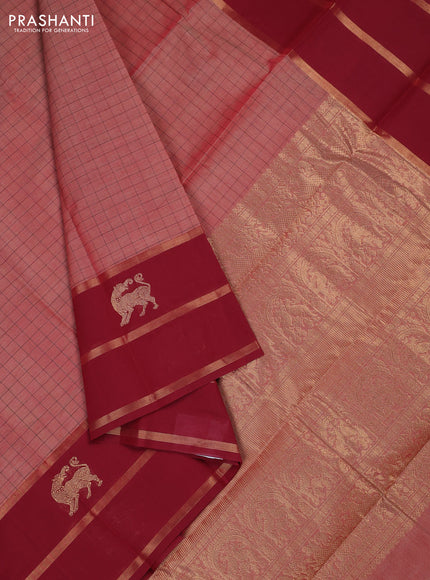 Kanchi cotton saree rust shade and maroon with allover thread woven checked pattern and long zari woven butta border