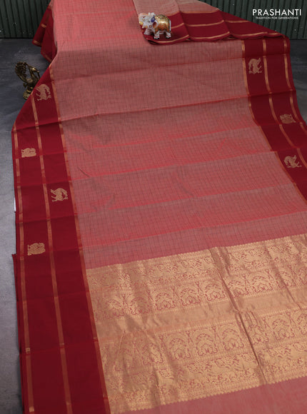 Kanchi cotton saree rust shade and maroon with allover thread woven checked pattern and long zari woven butta border