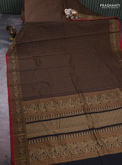 Kanchi cotton saree bottle green and maroon with allover thread checks & buttas and thread woven border