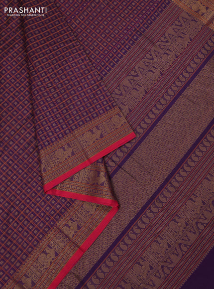 Kanchi cotton saree purple and pink with allover thread checks & buttas and thread woven border