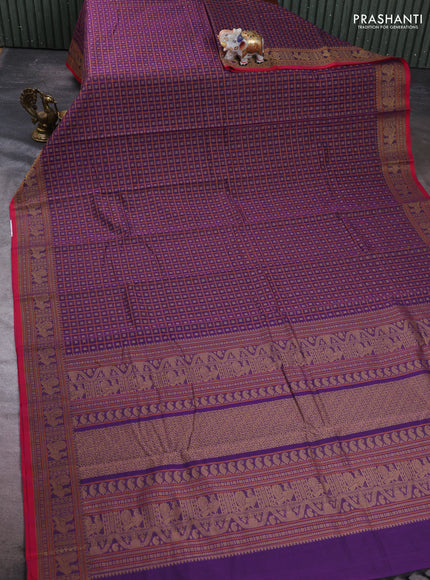 Kanchi cotton saree purple and pink with allover thread checks & buttas and thread woven border