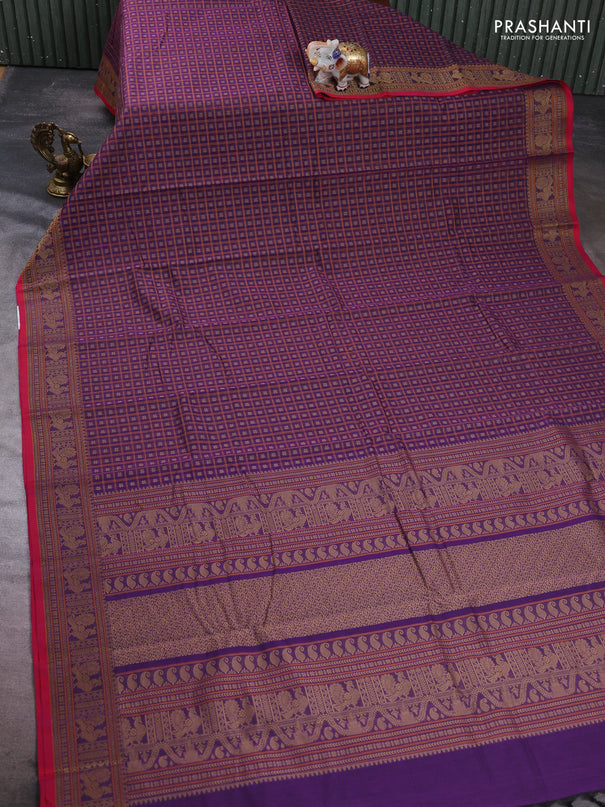 Kanchi cotton saree purple and pink with allover thread checks & buttas and thread woven border
