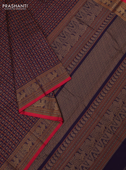 Kanchi cotton saree deep purple and red with allover thread checks & buttas and thread woven border