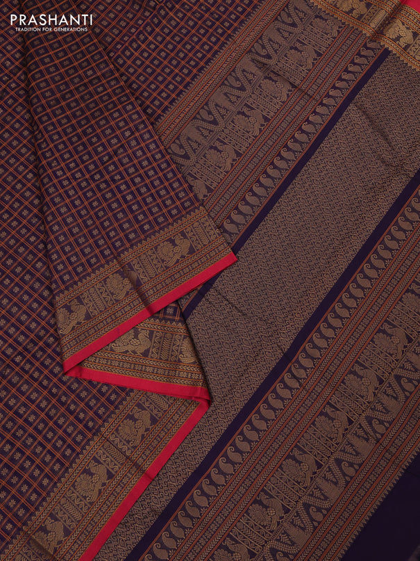 Kanchi cotton saree deep purple and red with allover thread checks & buttas and thread woven border