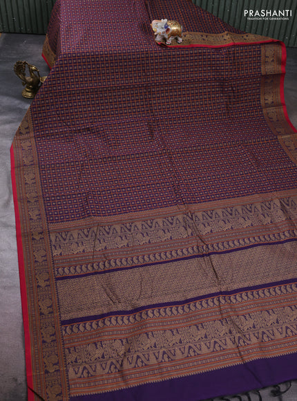 Kanchi cotton saree deep purple and red with allover thread checks & buttas and thread woven border