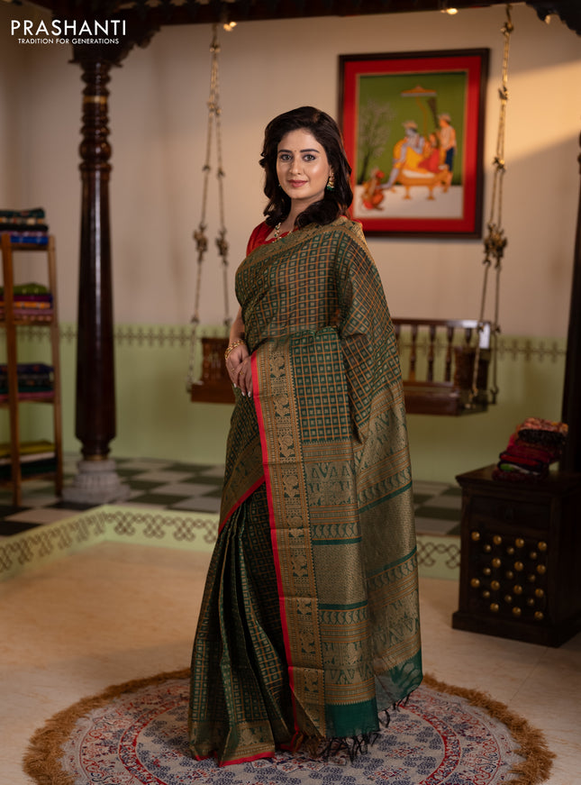 Kanchi cotton saree green and red with allover thread checks & 1000 buttas and thread woven border