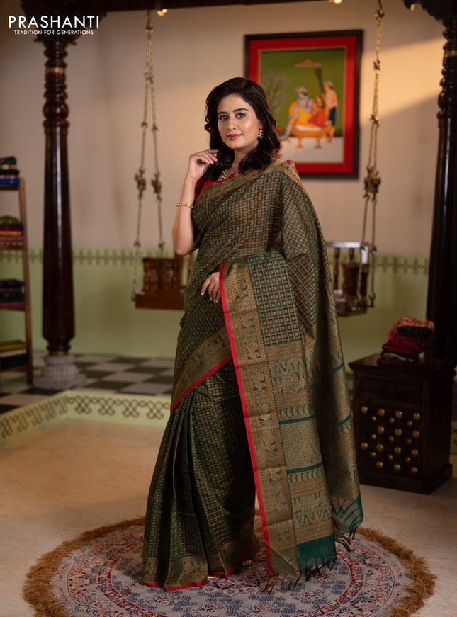 Kanchi cotton saree green and red with allover thread checks & 1000 buttas and thread woven border