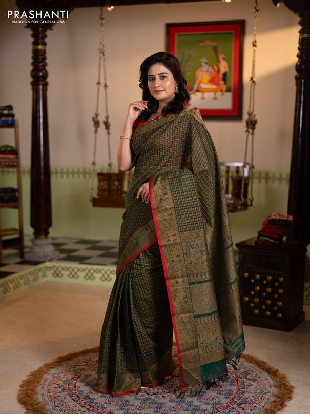 Kanchi cotton saree green and red with allover thread checks & 1000 buttas and thread woven border