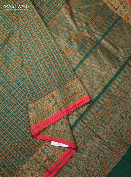 Kanchi cotton saree green and red with allover thread checks & 1000 buttas and thread woven border