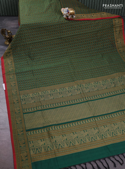 Kanchi cotton saree green and red with allover thread checks & 1000 buttas and thread woven border