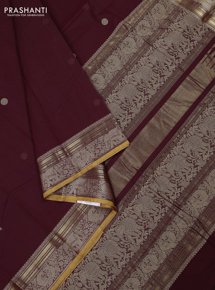 Kanchi cotton saree deep maroon and mustard yellow with zari woven buttas and thread & zari woven border