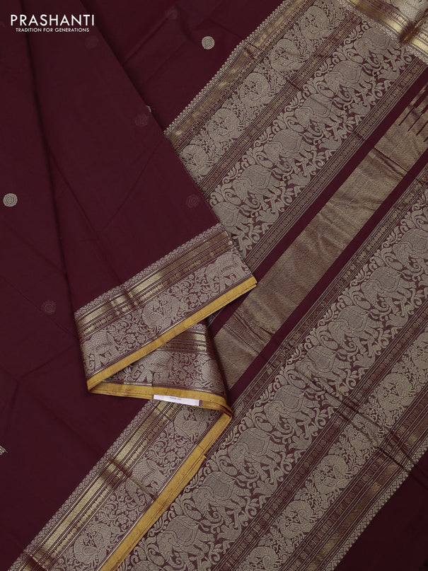 Kanchi cotton saree deep maroon and mustard yellow with zari woven buttas and thread & zari woven border
