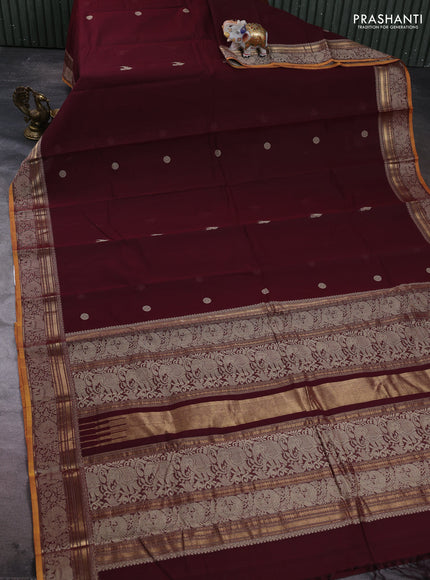 Kanchi cotton saree deep maroon and mustard yellow with zari woven buttas and thread & zari woven border