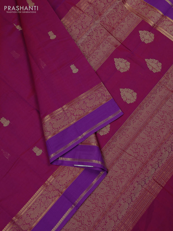 Kanchi cotton saree magenta pink and purple with thread woven buttas and rettapet zari woven border