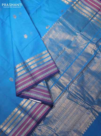 Kanchi cotton saree cs blue and blue with zari woven buttas and thread & zari woven border