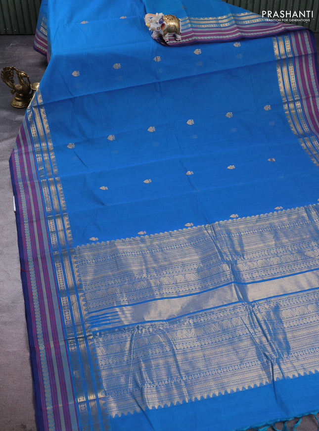 Kanchi cotton saree cs blue and blue with zari woven buttas and thread & zari woven border
