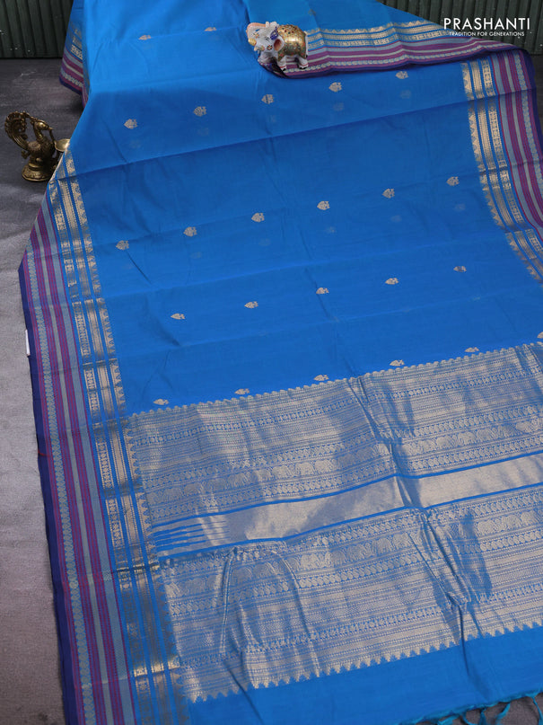Kanchi cotton saree cs blue and blue with zari woven buttas and thread & zari woven border