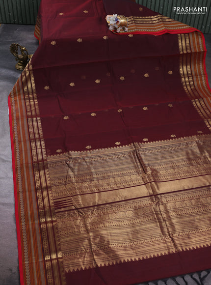 Kanchi cotton saree deep maroon and red with zari woven buttas and thread & zari woven border