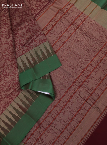 Kanchi cotton saree brown and green with allover vanasingaram thread weaves and temple design simple border