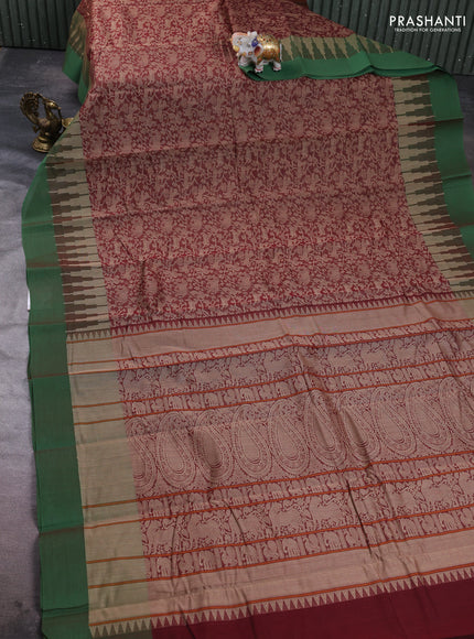 Kanchi cotton saree brown and green with allover vanasingaram thread weaves and temple design simple border