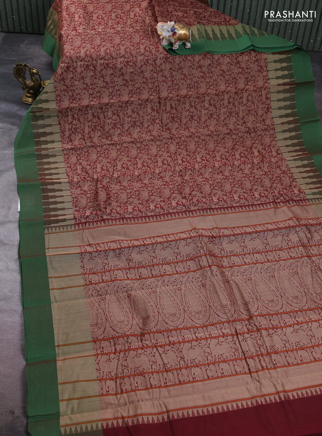 Kanchi cotton saree brown and green with allover vanasingaram thread weaves and temple design simple border