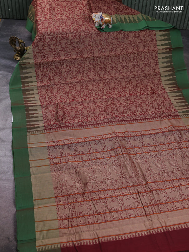 Kanchi cotton saree brown and green with allover vanasingaram thread weaves and temple design simple border