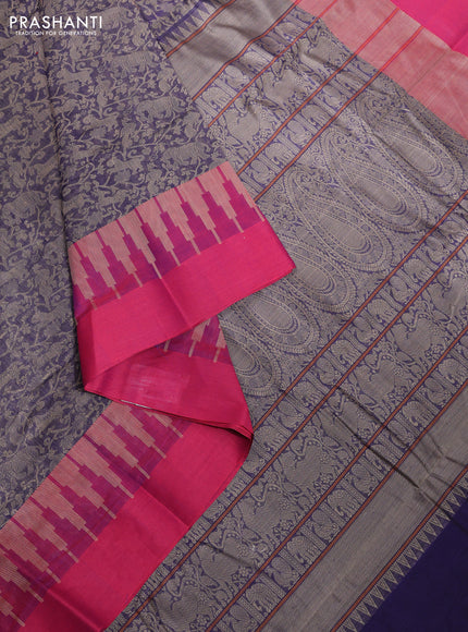 Kanchi cotton saree dark blue and magenta pink with allover vanasingaram thread weaves and temple design simple border