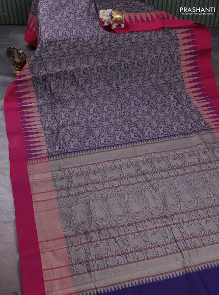 Kanchi cotton saree dark blue and magenta pink with allover vanasingaram thread weaves and temple design simple border