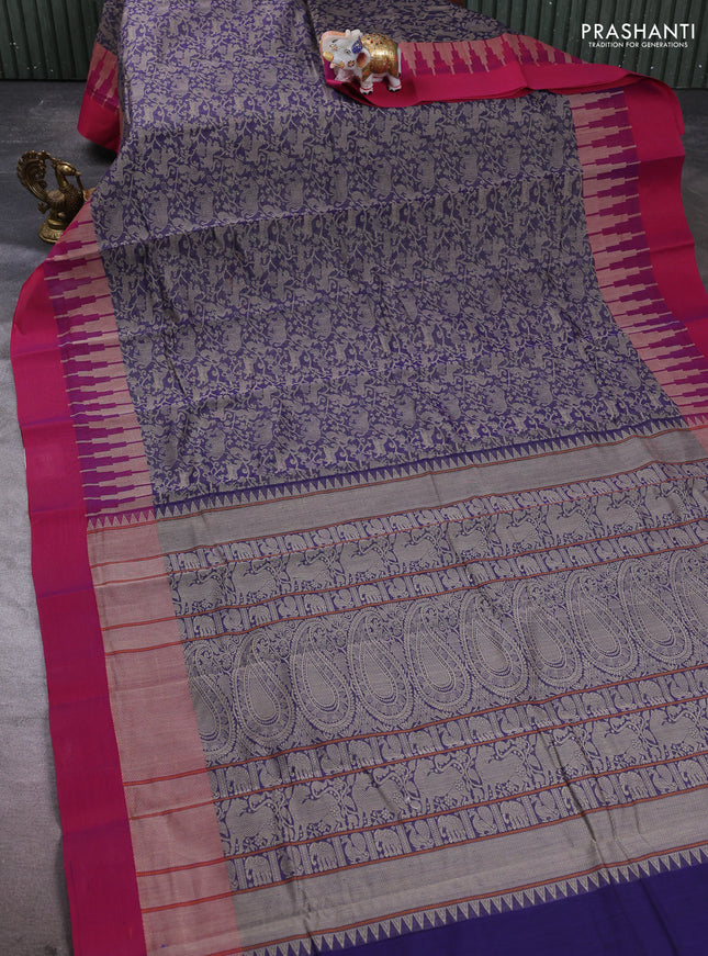 Kanchi cotton saree dark blue and magenta pink with allover vanasingaram thread weaves and temple design simple border