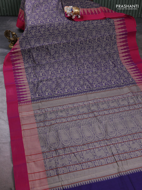 Kanchi cotton saree dark blue and magenta pink with allover vanasingaram thread weaves and temple design simple border
