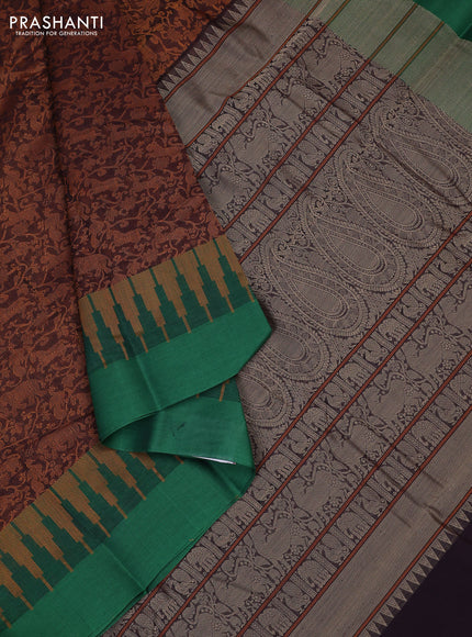 Kanchi cotton saree coffee brown and green with allover vanasingaram thread weaves and temple design simple border