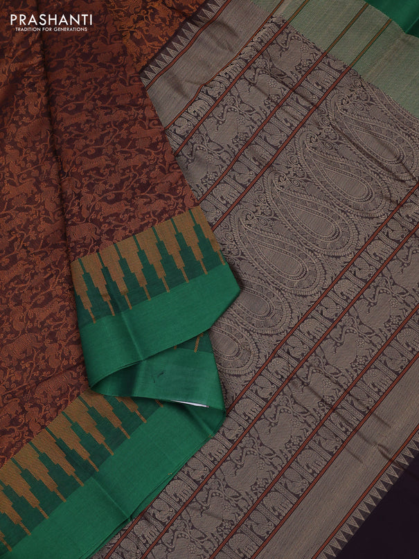 Kanchi cotton saree coffee brown and green with allover vanasingaram thread weaves and temple design simple border