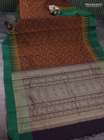 Kanchi cotton saree coffee brown and green with allover vanasingaram thread weaves and temple design simple border