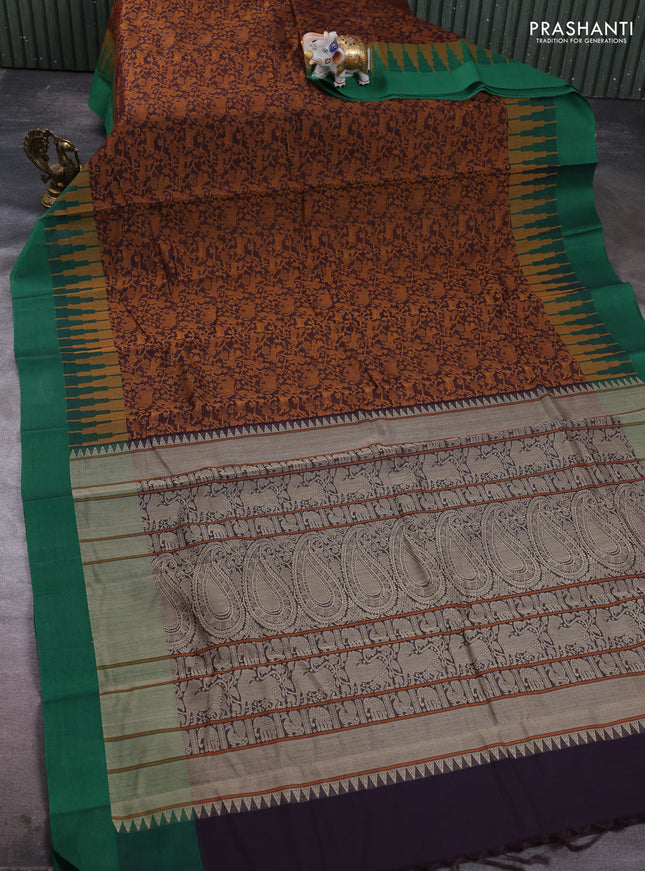 Kanchi cotton saree coffee brown and green with allover vanasingaram thread weaves and temple design simple border