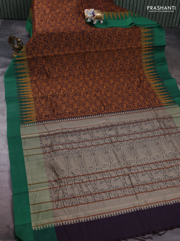 Kanchi cotton saree coffee brown and green with allover vanasingaram thread weaves and temple design simple border