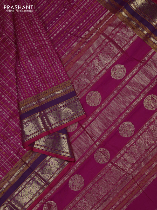 Kanchi cotton saree pink and purple with allover thread checks & 1000 buttas and rettapet thread & zari woven border