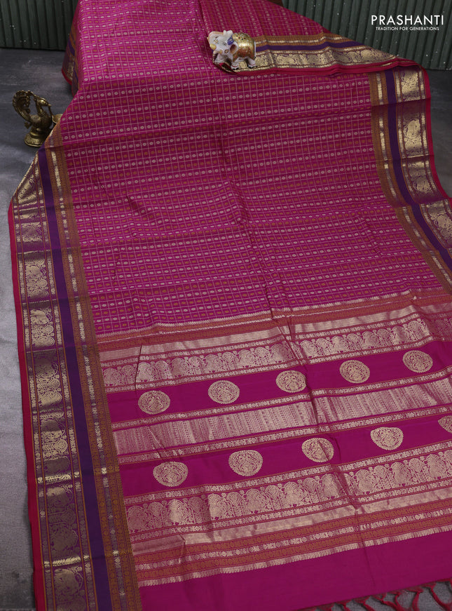 Kanchi cotton saree pink and purple with allover thread checks & 1000 buttas and rettapet thread & zari woven border