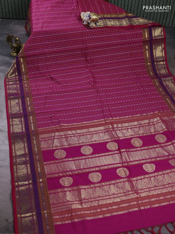 Kanchi cotton saree pink and purple with allover thread checks & 1000 buttas and rettapet thread & zari woven border