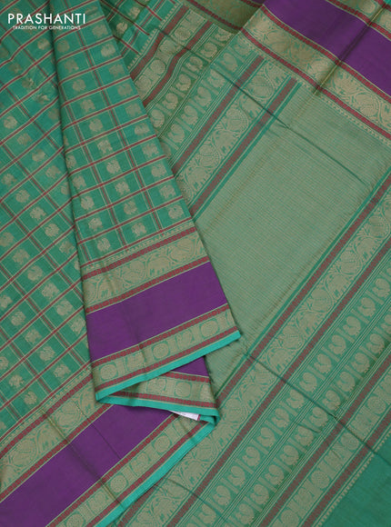 Kanchi cotton saree teal green and violet with allover thread checks & buttas and rettapet thread woven border