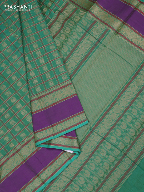 Kanchi cotton saree teal green and violet with allover thread checks & buttas and rettapet thread woven border